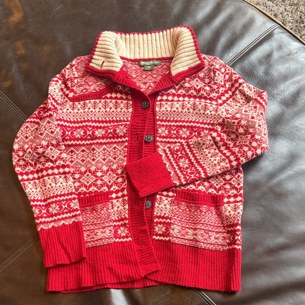 Eddie Bauer Red and Cream Fair Isle Cardigan Sweater
